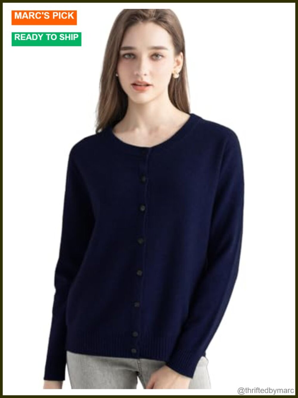 100% Pure Cashmere Cardigan Crew Neck Long Sleeve Seamless Knit Sweater